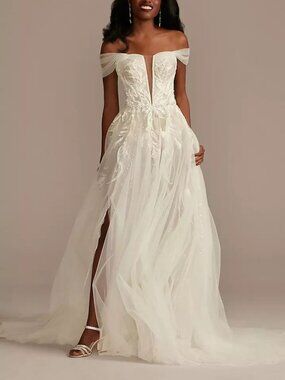 Galina Signature Tulle Wedding Dress w/ Slits Removable Straps Ivory Size 14 NWT